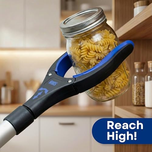 RMS 34 Inch Extra Long Reacher Grabber - Foldable with Rotating Jaw (Blue)