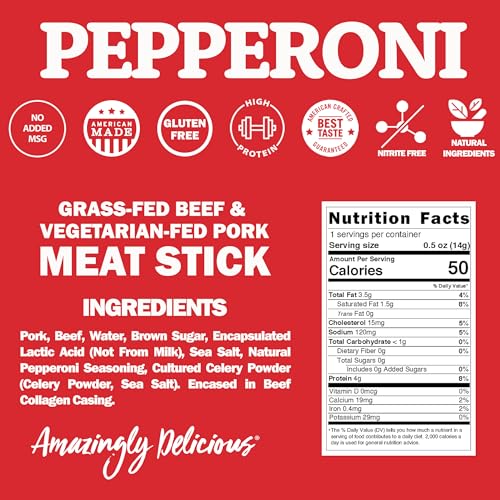 Field Trip Grass Fed Pepperoni Jerky Snack Sticks, Keto, Paleo, Gluten Free, Allergy Friendly Snack, High Protein, 50 Calorie Snack, 0.5oz, 24 Pack | Grass Fed, Keto, Paleo, Gluten Free, Allergy Friendly Snack, High Protein, 50 Calorie Snack