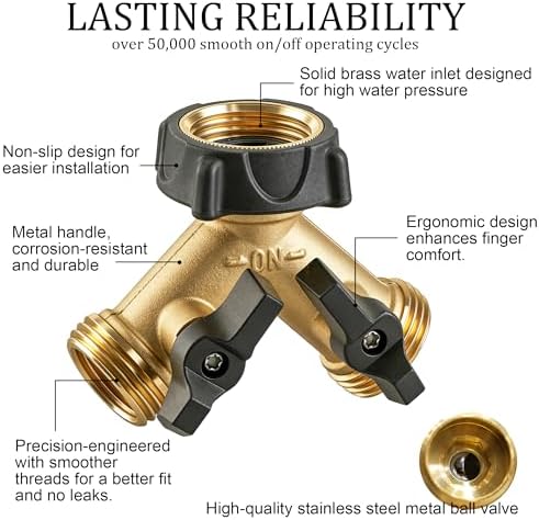 Hourleey Brass Garden Hose Splitter 2 Way, 3/4 Inch Hose Connector Tap Splitter, Hose Y Splitter