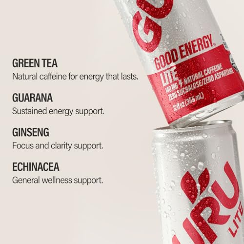 GURU Organic Energy Drink, Lite, Natural Caffeine, 8.4 Fl Oz, 24 Pack | 100 MG Natural Caffeine for Workouts, Performance & Midday Boost