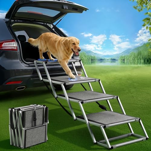 Dog Stairs for Large Dogs, 𝟐𝟎'' 𝐄𝐱𝐭𝐫𝐚 𝐖𝐢𝐝𝐞 Foldable Dog Ramp for Car, SUV & Truck, Non-Slip DogSteps for High Beds