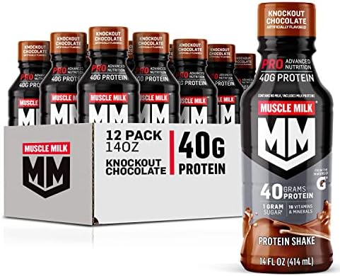 Muscle Milk Pro Advanced Nutrition Protein Shake, Knockout Chocolate, 14 Fl Oz Bottle, 12 Pack, 40g Protein, 1g Sugar, 16 Vitamins & Minerals, 6g Fiber, Workout Recovery, Packaging May Vary