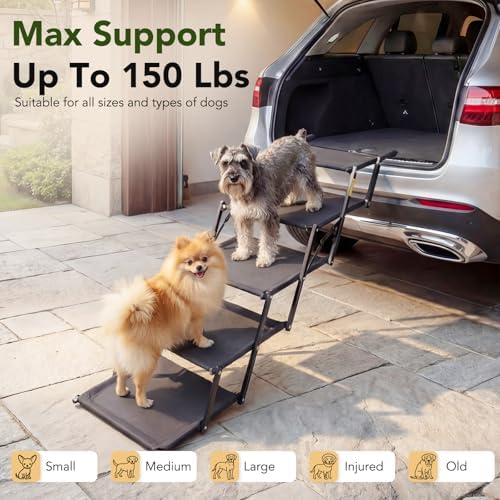 Dog Ramp for Car, Foldable 5-Step Dog Stairs for Small Dogs, 150 Lbs | Non-Slip Oxford Surface, Sturdy Steel Frame, Anti-Scratch Handle
