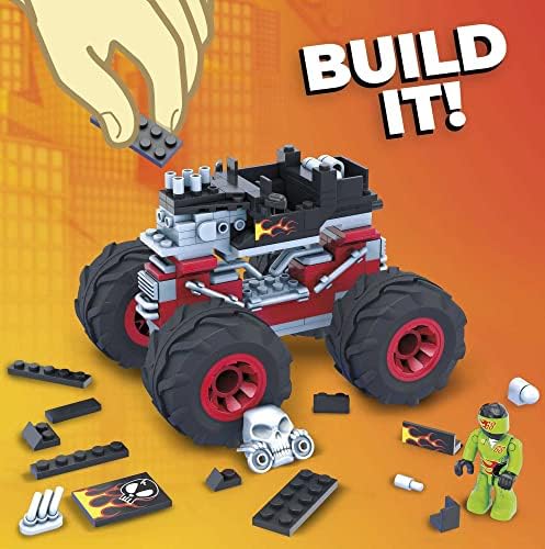 MEGA Construx Hot Wheels Monster Trucks Toy Car Building Set, Bone Shaker with 194 Pieces, 1 Micro Action Figure Driver, Red, Kids Age 5+ Years