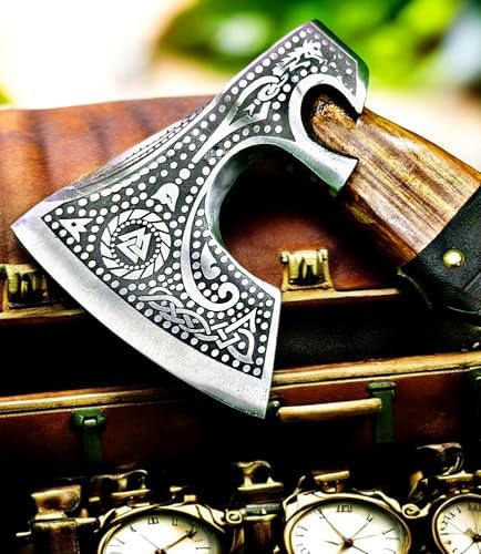 Poshland AX-7000 Custom Gift Forged Carbon Steel Viking Axe with Rose Wood Shaft, Viking Bearded Camping Axe