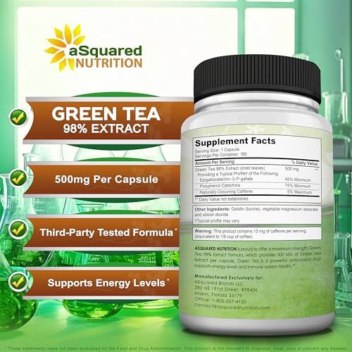 aSquared Nutrition Green Tea Extract with EGCG – 180 Capsules – 500mg per Capsule – 75% Polyphenols, 45% EGCG – Antioxidant Support