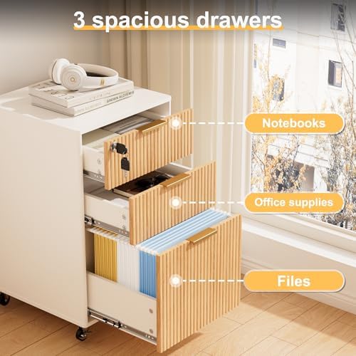 3 Drawers Fluted Mobile File Cabinet with Lock, Rolling File Cabinet Printer Stand Table, Under Desk Wooden Filing Cabinets for Home Office Essentials Storage Organization Furniture Letters/A4(Oak)