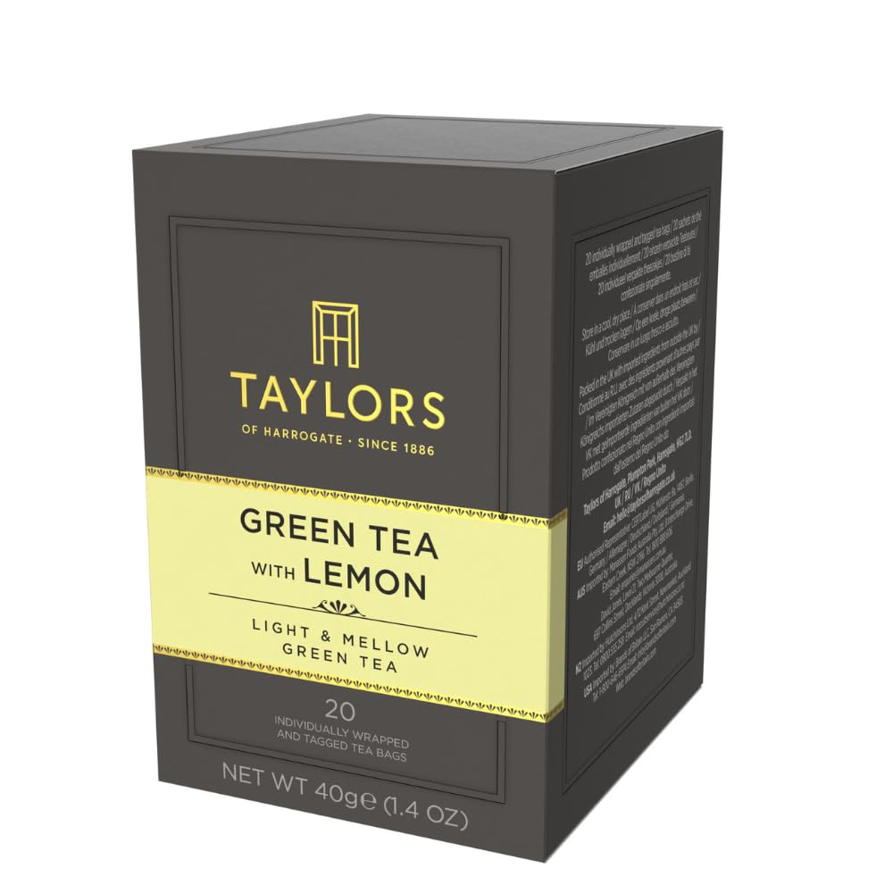 Taylors of Harrogate Green Tea with Lemon, Individually Wrapped Bags, 20 Count (Pack of 1), Citrussy, Mellow and Light, Caffeinated, Enjoy Hot or Iced, 20 Teabags