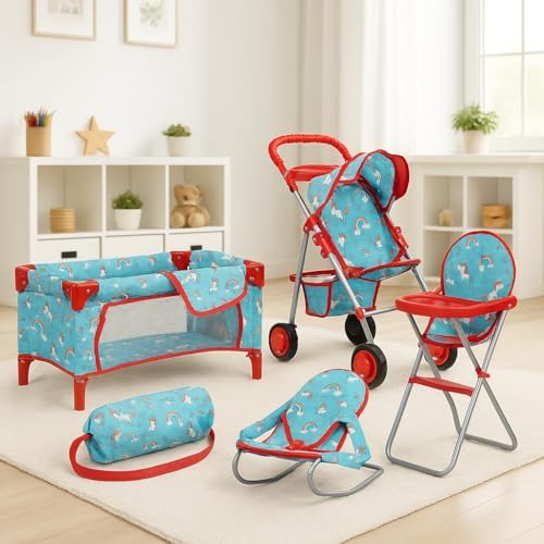 fash n kolor 4 Piece Baby Doll Play Set Flower Design Includes - Foldable Pack N Play, Baby Doll Stroller, Baby Doll High Chair, Infant Seat, Fits Up to 18'' Doll 4 Piece Doll Accessories Set