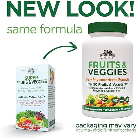 Country Farms Super Fruits and Veggies Capsules, Whole Food Supplement, Powerful Antioxidant, Supports Energy, Immune Health, Boosts Digestive Health, 30 Super Foods, 30 Servings