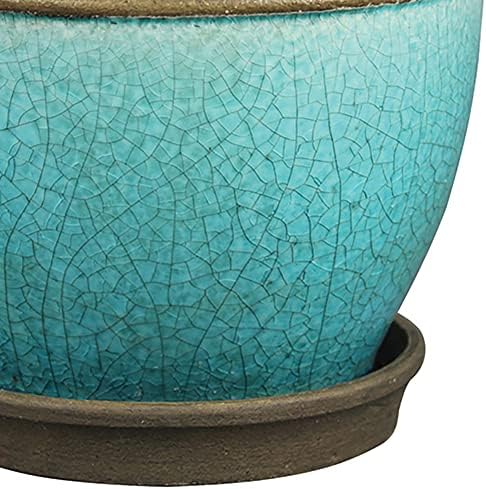 Southern Patio Cadiz 8 Inch Diameter Crackled Glazed Ceramic Indoor Outdoor Garden Planter Pot Urn with Saucer for Flowers, Herbs, and Plants, Teal