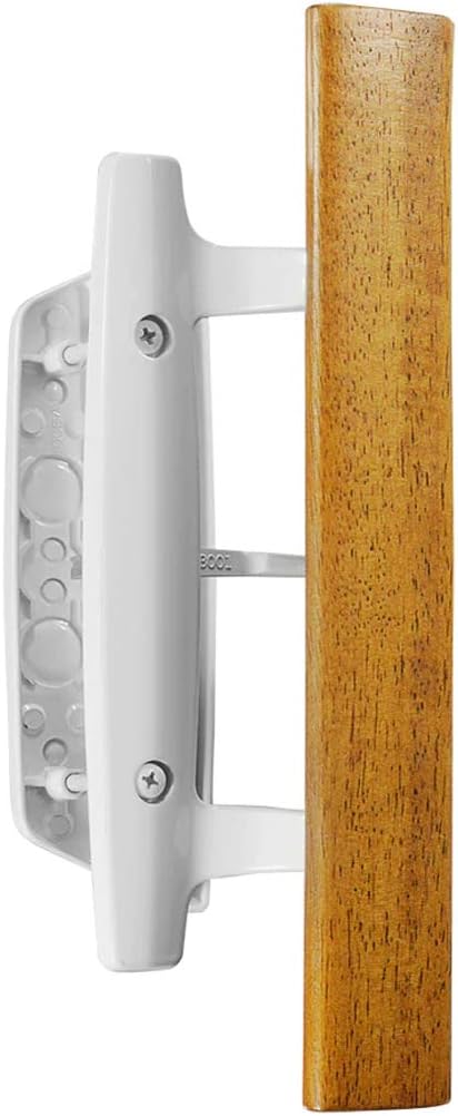 Mortise Style Reversible Sliding Patio Door Handle Set with Oak Wood Interior Handle and Exterior Pull in White Diecast Finish Fits 3-15/16” Screw