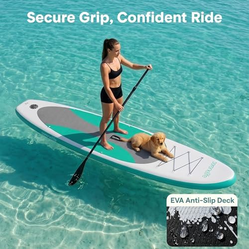 SereneLife 10’ Inflatable Stand Up Paddle Board with Premium SUP Accessories - Wide Stable Design with Non-Slip EVA Deck Pad, for Youth and Adults, 350 lbs. Capacity