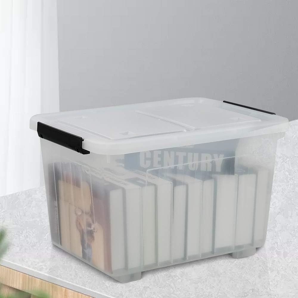 Clear Plastic Storage Bins with Wheels, 4-Pack Latch Boxes, 30 L