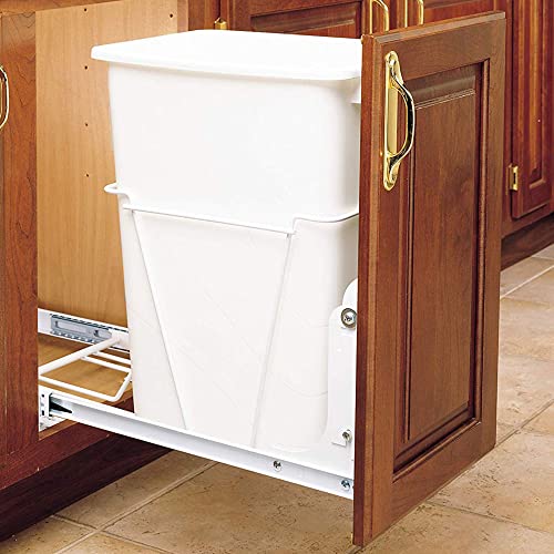 Rev-A-Shelf Single 35 Qt Pullout Trash Can for Base Kitchen Cabinets | Garbage Waste Bin System with 3/4 Extension Slides, Min Opening Width of 11, White, RV-12PB