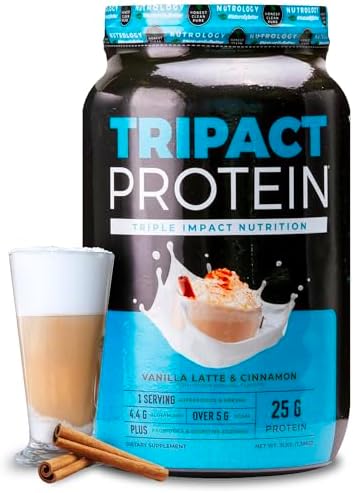 TRIPACT Protein Powder Vanilla Latte Cinnamon - 40 Servings | 7-in-1 Meal Replacement, Grass Fed Whey Protein, Pea Protein, Rice Protein, Greens Blend, Recovery Support