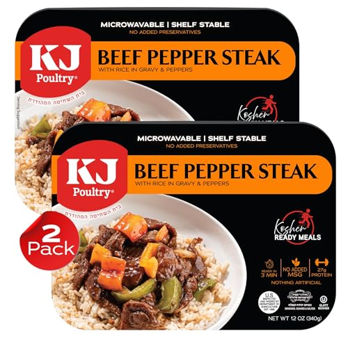 KJ Poultry Kosher Ready Meals - Beef Pepper Steak & Rice, MRE Meat Meals Ready to Eat (1 Pack) Prepared Entree Fully Cooked, Shelf Stable Microwave Dinner Travel, Military, Camping, Emergency Survival