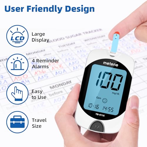 Metene TD-4116 Blood Glucose Monitor Kit, 100 Glucometer Strips, No Coding