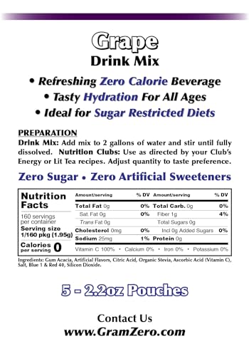GramZero Grape Sugar Free Drink Mix Sports Pack, Great For Nutrition Club Loaded Teas, Zero Calorie, Stevia Sweetened