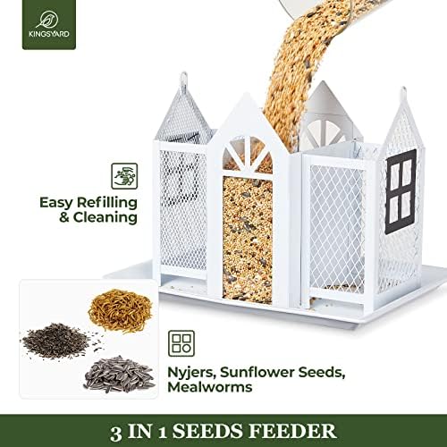 Kingsyard Bird Feeder House for Outside, Metal Mesh Wild Bird Feeder with Triple Feeders for Finch Cardinal Chickadee, Large Capacity