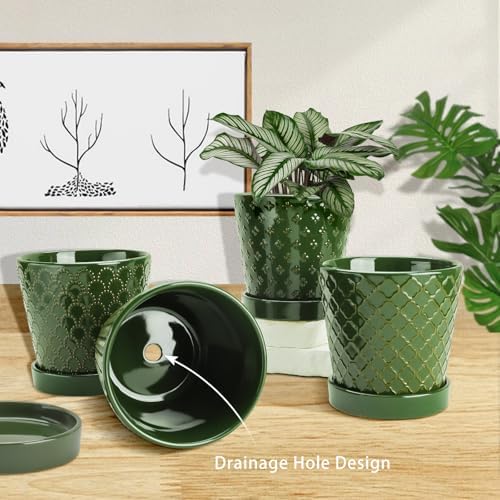 EFISPSS Ceramic Plant Pots, 5 Inch Planters with Drainage Holes and Ceramic Tray, Relief Design Flower Planter