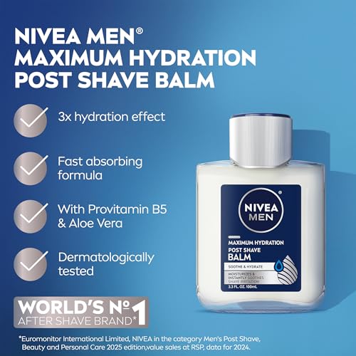 NIVEA MEN Maximum Hydration Post Shave Balm, Multipack, 3 x 3.3 FL OZ | Aftershave Balm for Men with Provitamin B5 and Aloe Vera, 3X Hydration Effect