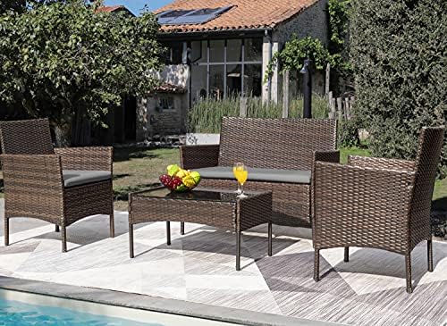 Greesum Patio Furniture 4 Pieces Conversation Sets,Brown and Beige