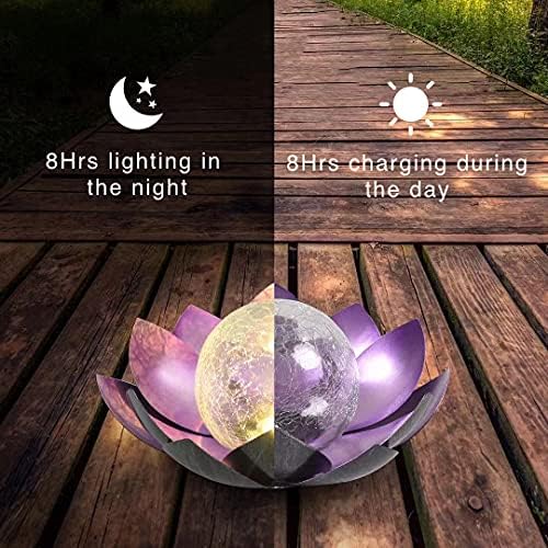 Outdoor Solar Lights, Garden Decor, Crackle Glass Globe, Waterproof Metal Lotus Flower Light for Patio, Lawn, Walkway, Tabletop, Ground