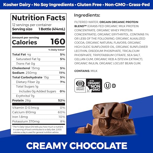 Orgain Organic 26g High Protein Whey Shake, Chocolate, 14 oz, 12pk