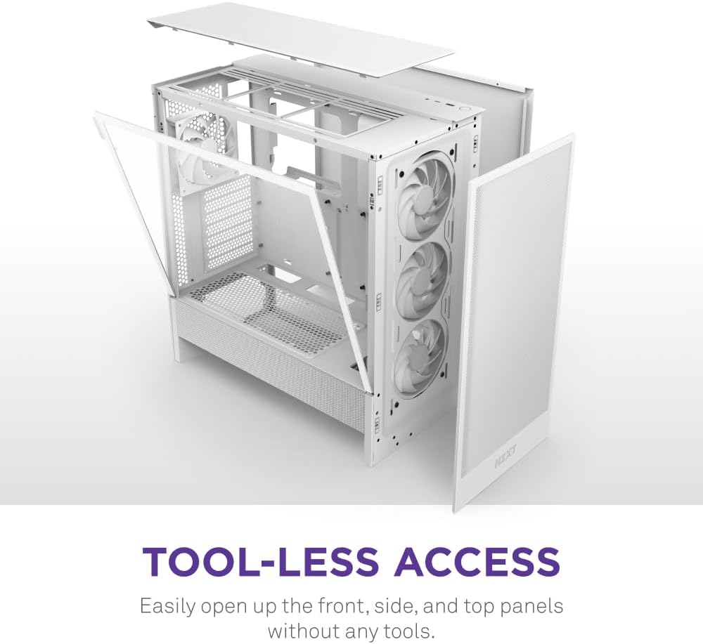 NZXT H5 Flow RGB - Compact ATX Mid-Tower PC Case - White | Compact mid-tower with included F360 RGB Core fans, 360mm radiator support, tempered glass. CAM-ready RGB out of the box.