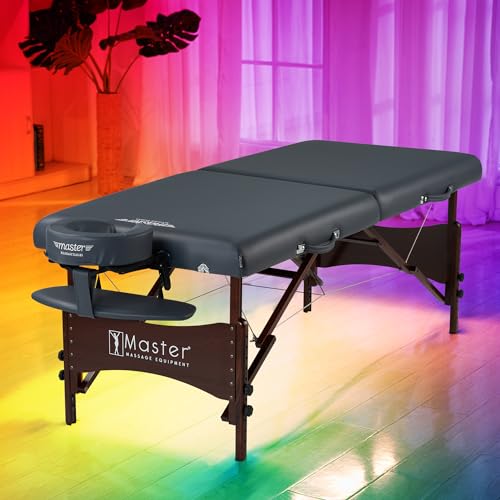 Master Massage Newport Portable Massage Table Package with Denser 2.5" Cushion, Walnut Stained Hardwood, Steel Support Cables, Pillows & Accessories, Black, 30"