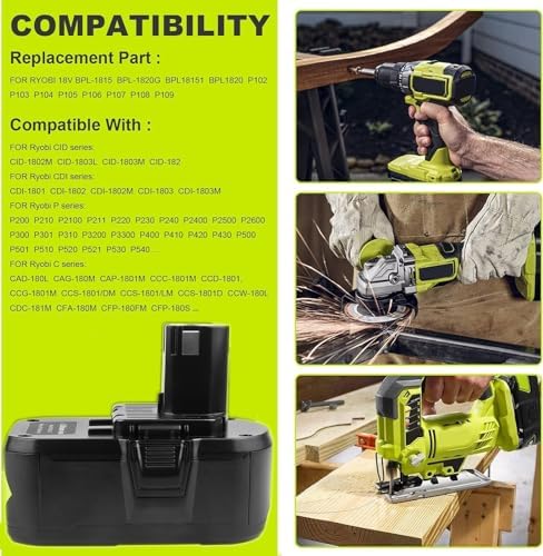 ARyee 18V Battery 6.0Ah 2-Pack, Replacement for Ryobi P107 P108 P109 Cordless Tools, Lithium-Ion Battery for Ryobi One+ 18V Power Tools