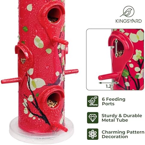 Kingsyard Metal Bird Feeders for Outdoors Hanging, Tube Bird Feeder | 14 in, 6 Feeding Ports, drainage holes, 2 lbs Seed Capacity, Weatherproof, Stays Dry & Fresh, Easy to Clean & Refill, Yellow