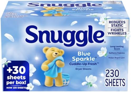 Snuggle Dryer Sheets, Blue Sparkle , 230 Count | Long-Lasting Fresh Scent, Reduces Static and Wrinkles, Repels Pet Hair and Lint, HE Dryer Compatible