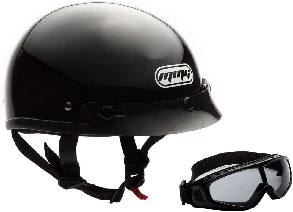 MMG Adult Half Shell Helmet, Motorcycle/Scooter/Moped, Matte Gray, Medium | Lightweight Polycarbonate/ABS half shell, goggles included. Padded washable liner, double D-ring strap. DOT FMVSS-218.