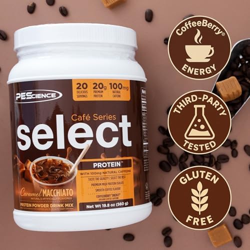 PEScience Select Cafe Protein Coffee Powder, Caramel Macchiato, 20 Servings | 100mg Caffeine, 20g Iced Protein Coffee Powder or Creamer
