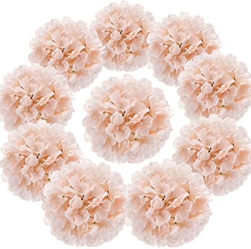 Silk Hydrangea Heads Artificial Flowers Heads with Stems for Home Wedding Decor,Pack of 10 (White)