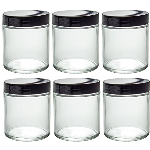 8 Oz CLEAR Glass Jar Straight Sided with Black Lid - Pack of (6)