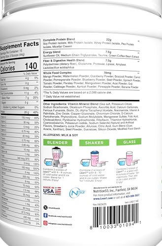 Lean1 Vanilla, Meal Replacement Protein Shake, 15 Serving Tub