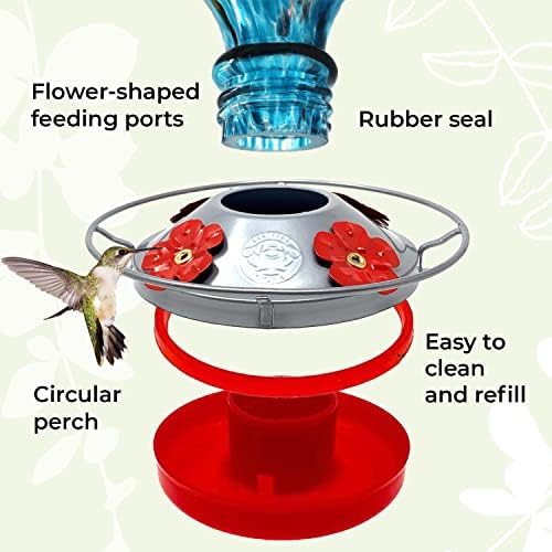 Hummingbird Feeder by Grateful Gnome - Large Hand Blown Stained Glass Feeder for Garden, Patio, Outdoors, Window with Accessories S-Hook, Ant Moat