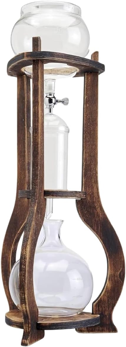 Nispira Iced Coffee Cold Brew Drip Tower Coffee Maker, 6–8 Cup Manual Cold Brew Brewer with Adjustable Valve, Wooden Frame & Glassware, Slow Cold Extraction System