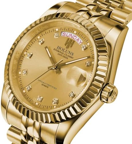 41MM Men's Gold Plated Stainless Steel Waterproof Quartz Watch Luxury Wristwatch with Date Week Display