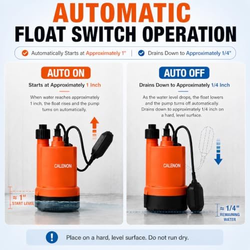 1/3 HP Submersible Utility Pump, 2400 GPH, Auto Float Switch | Drains to 1/4 in., 3/4 in. GHT adapter included, For basements