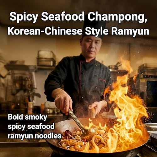 Nongshim Champong Noodle Soup, Smoky Spicy Seafood Korean Ramen, 4 Pack | Spicy seafood instant ramen with cuttlefish, mussel, scallop