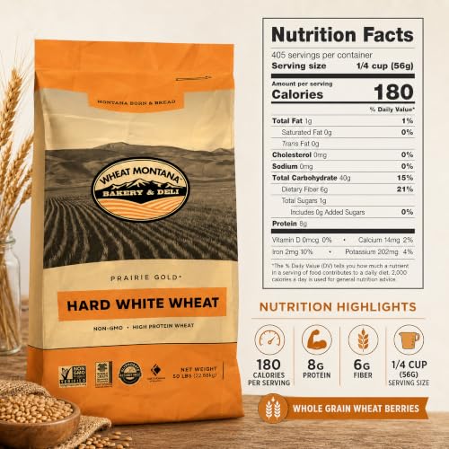 Wheat Montana: Prairie Gold: Wheat Berries - 50 lb Bulk Bag - 100% Whole Hard White Spring Wheat, Non-GMO, No Glyphosate, Milling, Bread & Baking