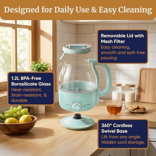 Elite Gourmet 1.2L Glass Kettle, 1200W Fast Boil, Temp Control, Mint
