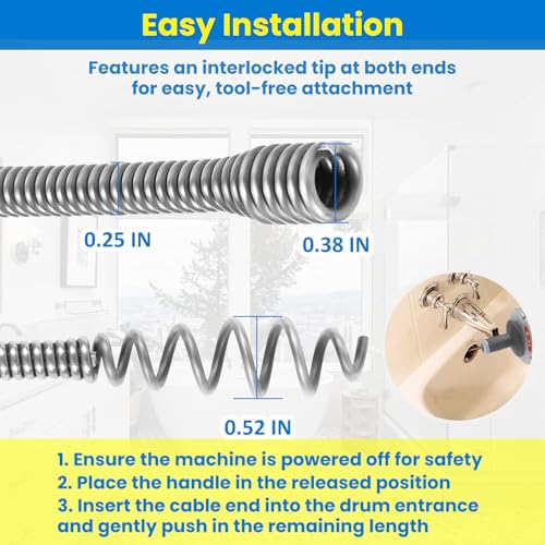 21338 Auto-Spin Replacement Cable for Ridgid - 1/4" x 30' Drain Snake Cable Compatible with K-45 Sink Machine