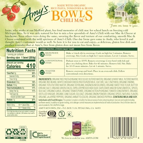 Amy's Frozen Meals, Chili Mac and Cheese Pasta Bowl, 9 oz