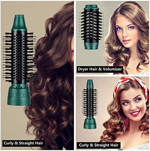 3 in 1 Hair Dryer and Volumizer, Ceramic Negative Ion Curling Dryer Styler with 3 Interchangeable Brush Heads, Green