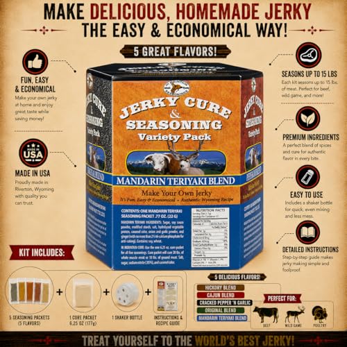 Hi Mountain BOLD & SAVORY Jerky Seasoning and Cure Kit | Variety Pack | Bold & savory flavors: Mandarin Teriyaki, Pepperoni, Sweet & Spicy, Inferno, & Pepper, Beef, Venison, Deer, Elk, Up to 20 lbs